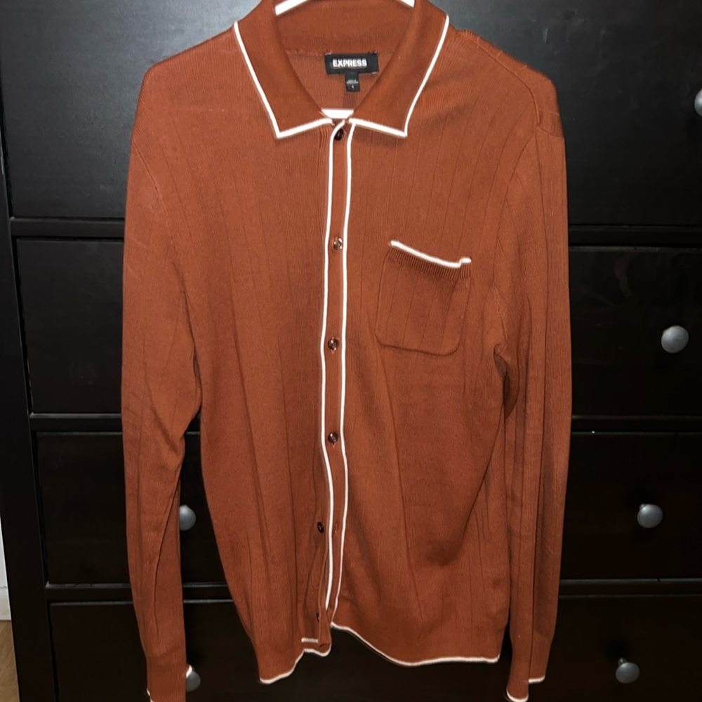 Express Piped Ribbed Button Down Sweater Polo